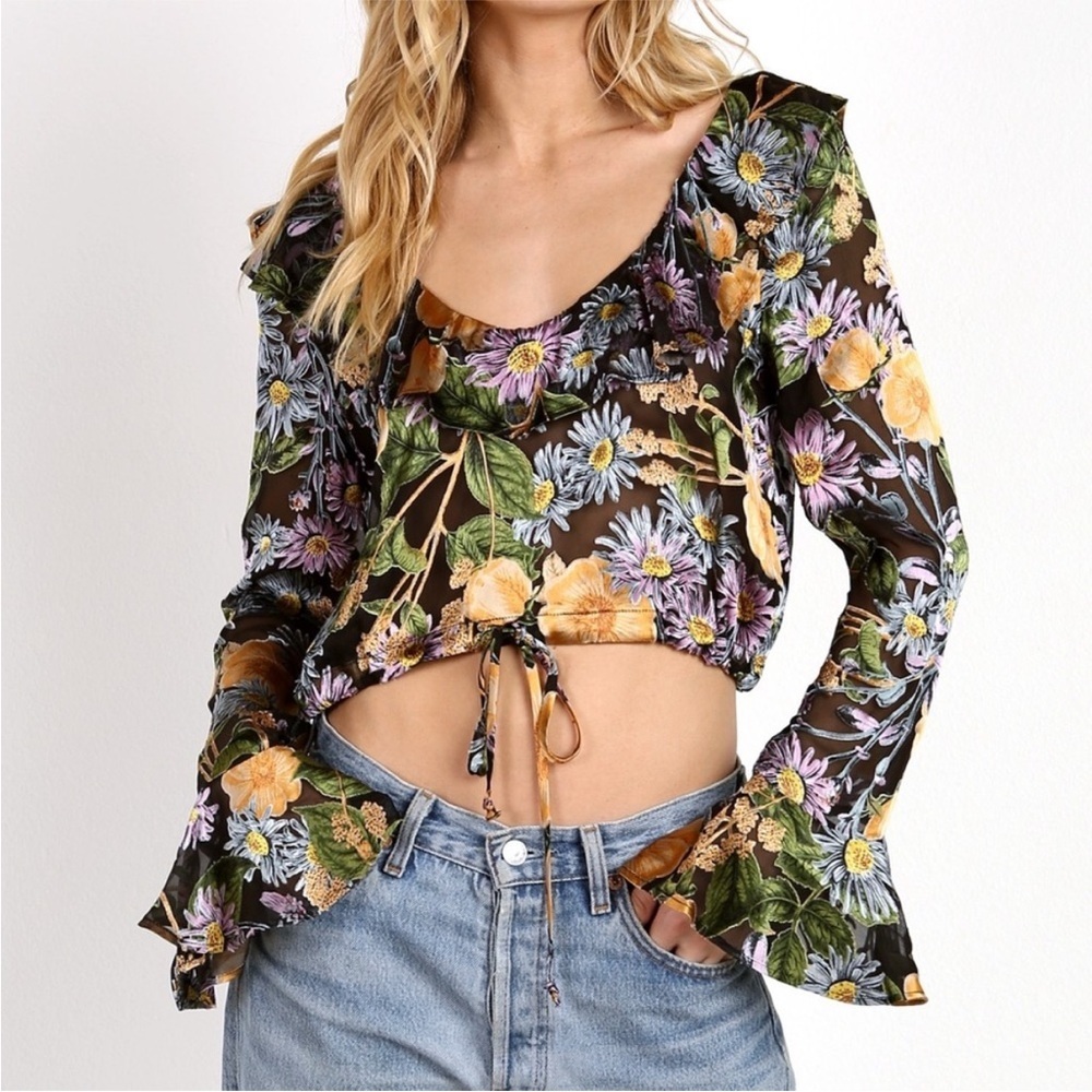 For Love & Lemons Luciana Ruffle Floral Blouse XS | Cropped Bell Sleeve Top